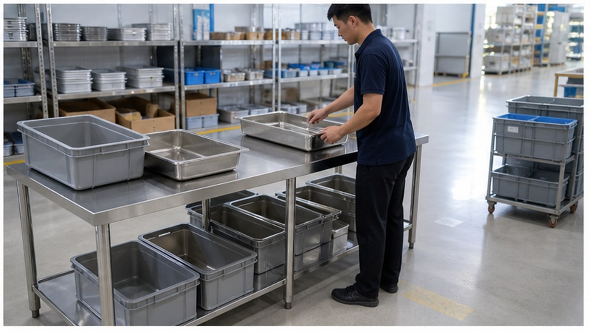 Bàn Inox 304 1m2: Kiểm Tra Kích Thước Trước Khi Đặt 5 bàn inox 304 1m2 trong xưởng nhỏ dùng để phân loại hàng
