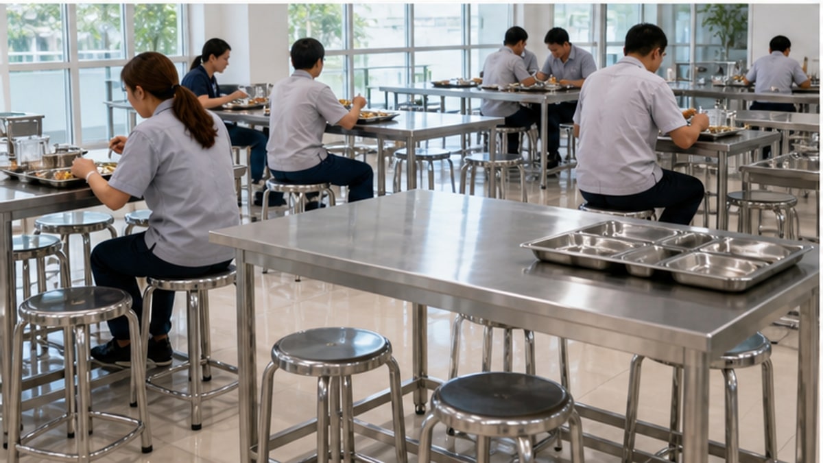 Bàn ăn inox hòa phát trong khu canteen gọn gàng