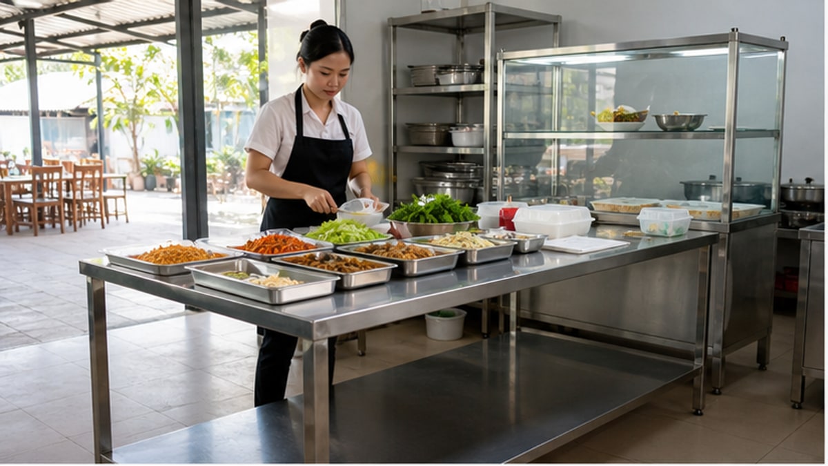 bàn inox bán hàng trong quầy đồ ăn sạch sáng