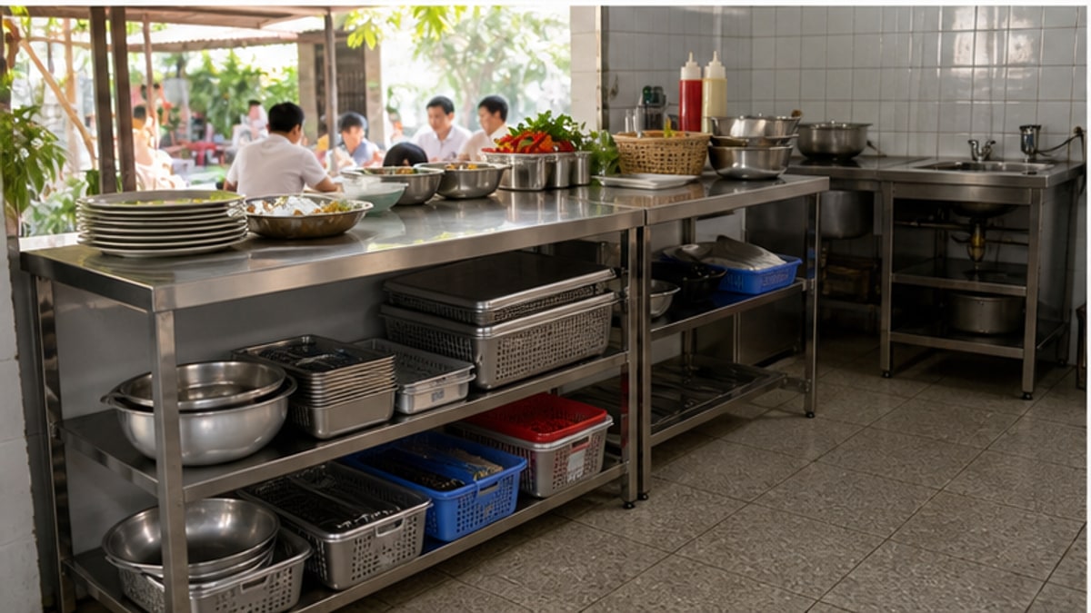 bàn bếp inox nhà hàng bố trí cạnh quầy bán