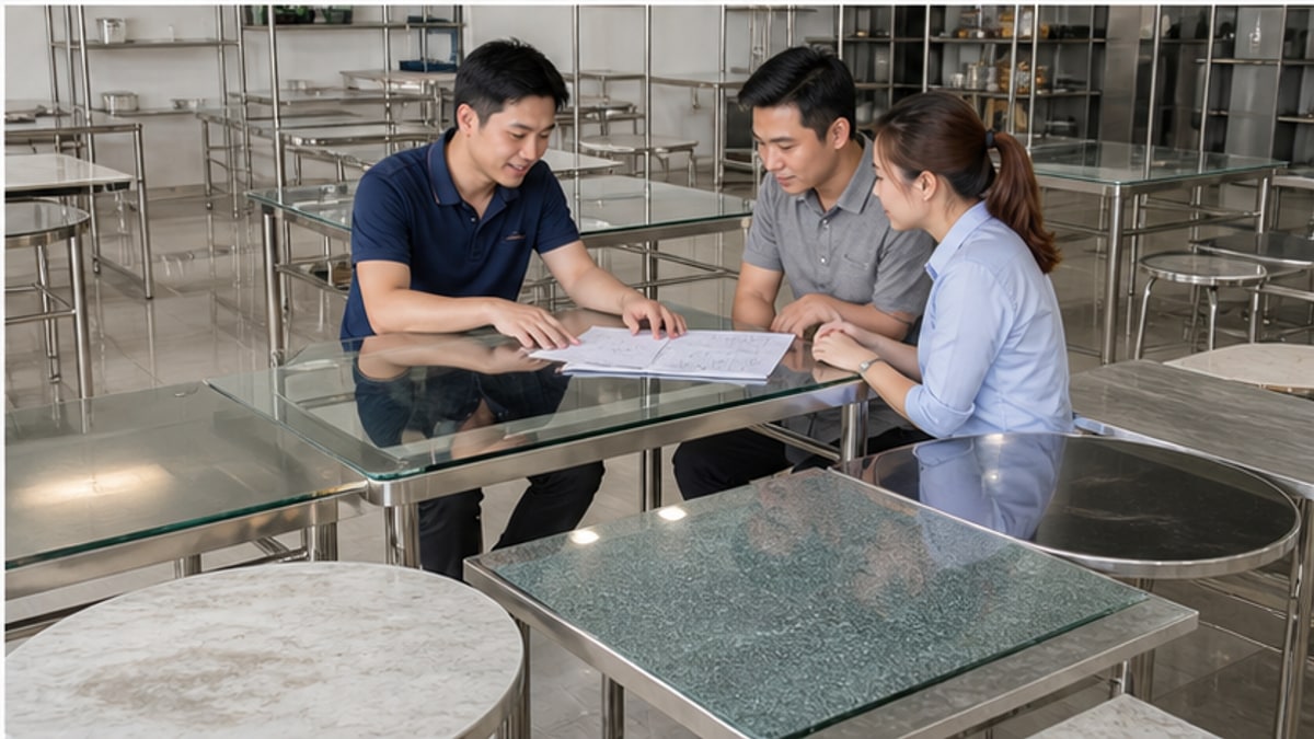 tư vấn chọn bàn inox mặt kính theo không gian sử dụng