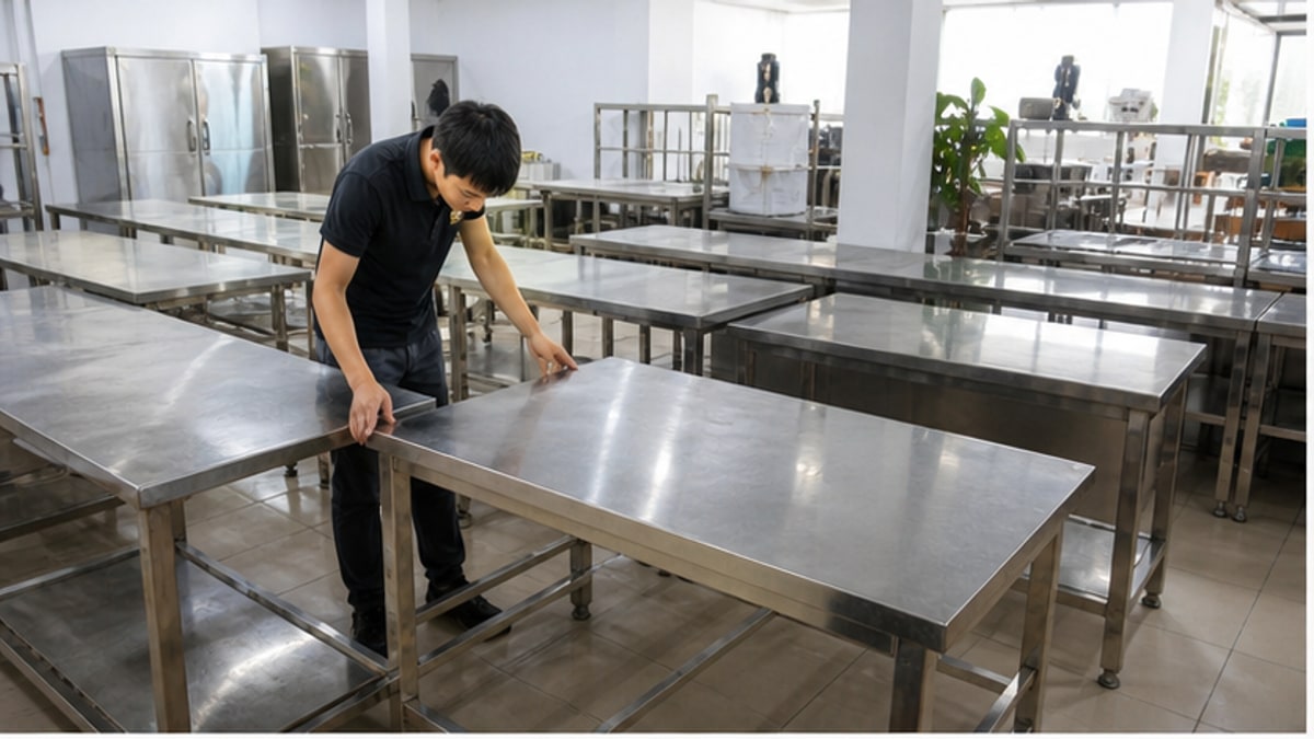 Kiểm tra bàn inox thanh lý trong showroom sạch