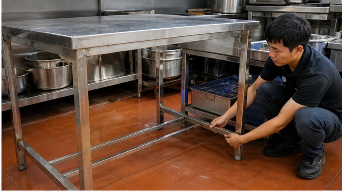 Kiểm tra khung chân bàn bếp inox thanh lý