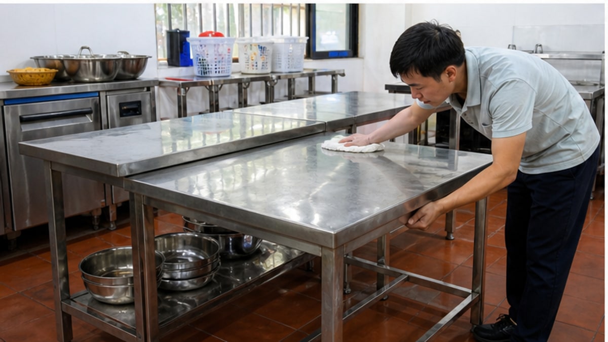 Vệ sinh bàn inox thanh lý trước khi sử dụng