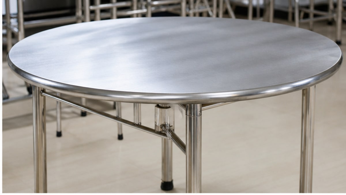 chi tiết chân bàn inox tròn và mặt bàn inox