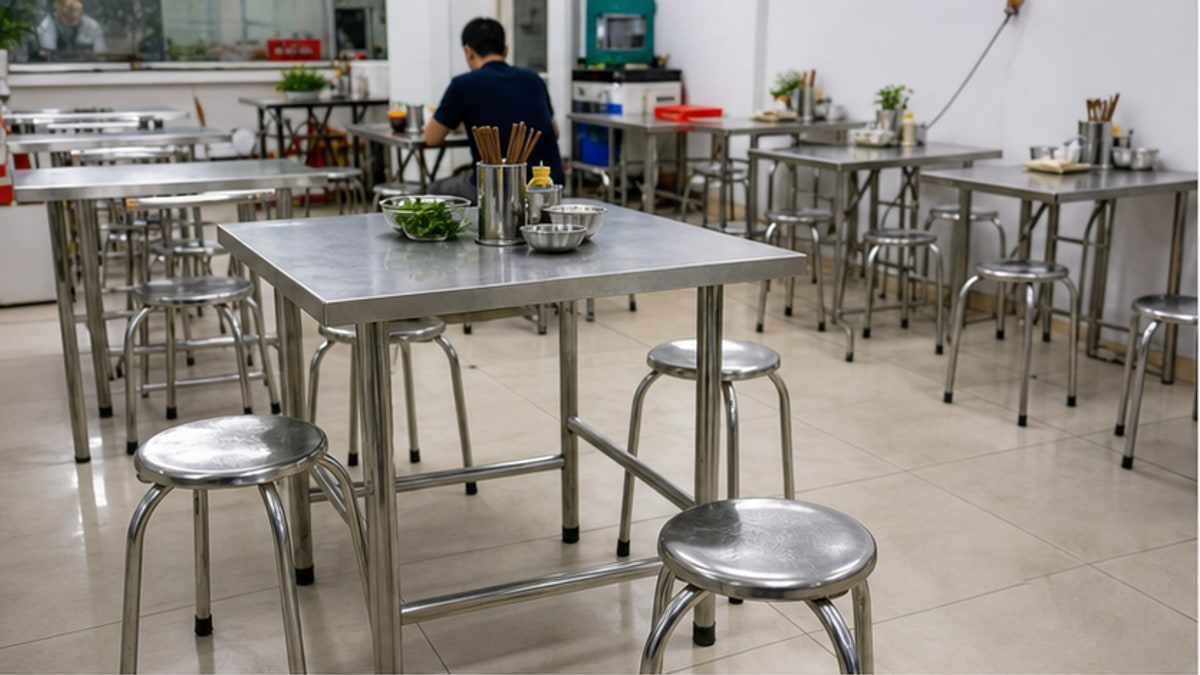 Bàn inox vuông thanh lý trong quán ăn nhỏ sáng sạch