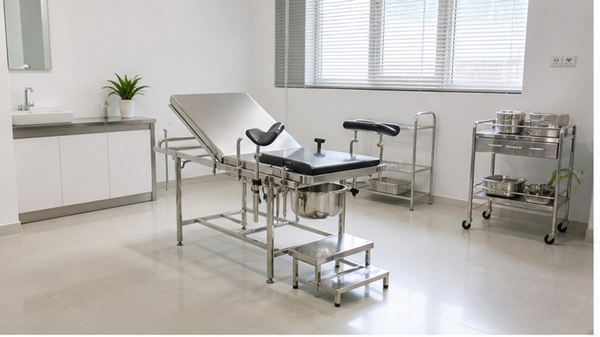 bàn khám sản inox trong phòng khám sạch và gọn