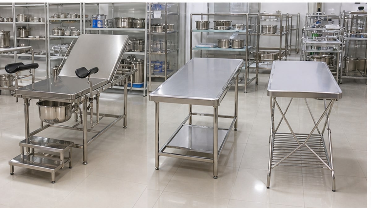 bàn inox 4 chân và bàn inox chữ nhật xếp trong showroom
