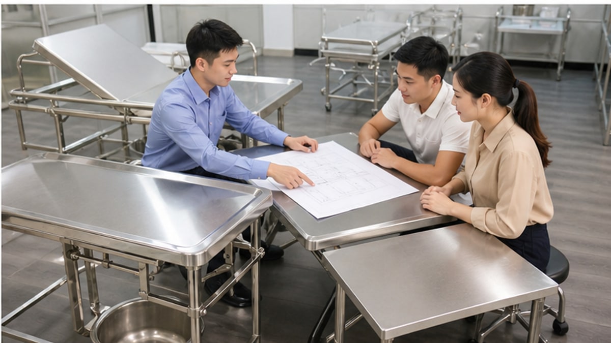 tư vấn chọn bàn khám sản inox tại showroom inox