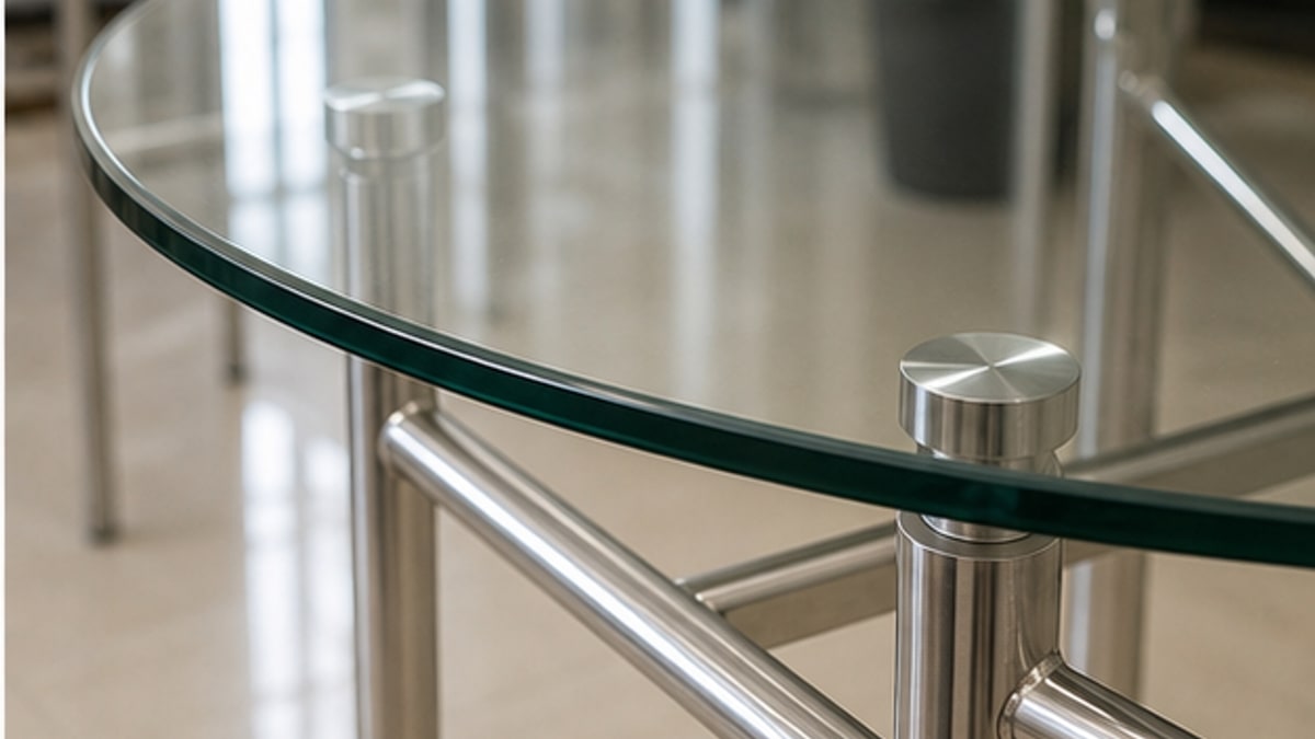 mặt kính và chân inox của bàn ăn