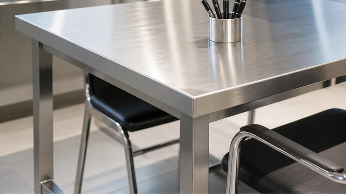 Bàn Làm Việc Inox: Cách Chọn Chuẩn Theo Nhu Cầu Thực Tế 3 cận cảnh bàn làm việc inox 304 với mép bàn gọn sạch