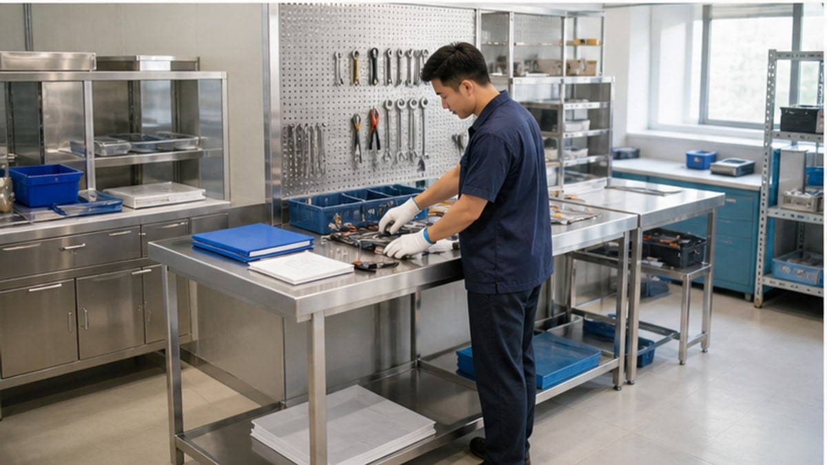 Bàn Làm Việc Inox: Cách Chọn Chuẩn Theo Nhu Cầu Thực Tế 4 bàn làm việc inox trong khu kỹ thuật gọn sạch