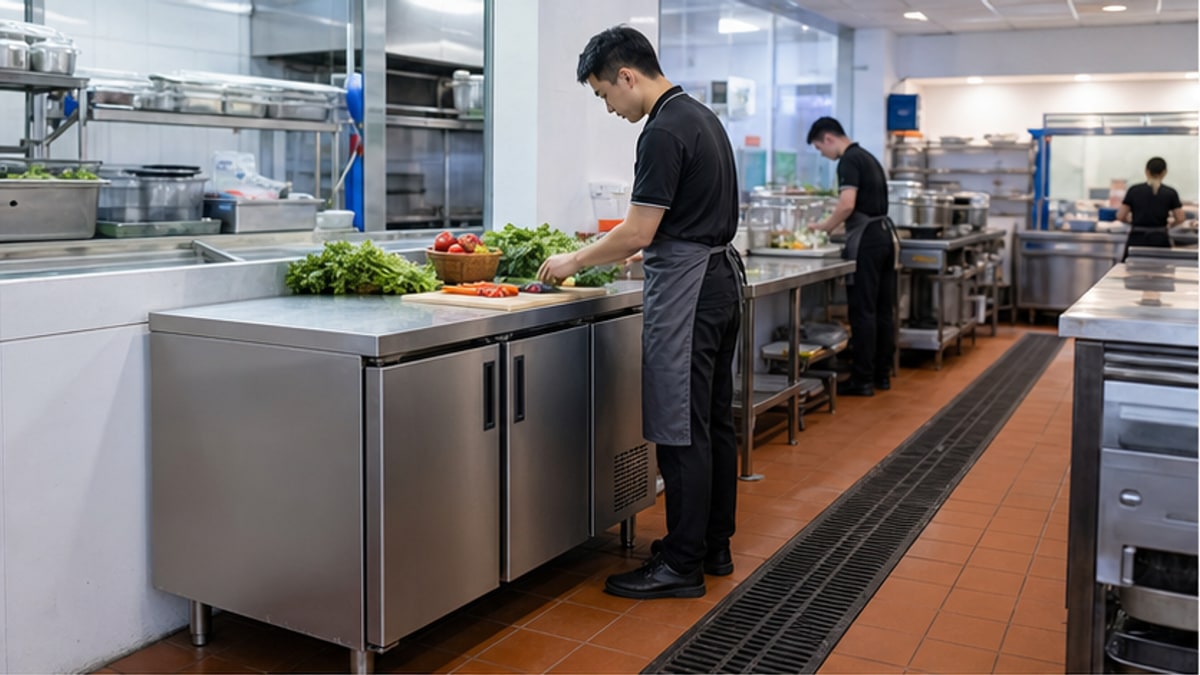 Bàn lạnh 2 cánh inox trong bếp quán ăn sạch và gọn