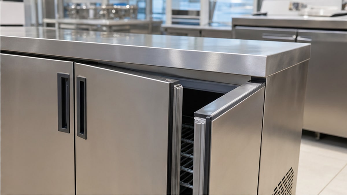Cận cảnh mặt bàn lạnh 2 cánh inox và khoang chứa