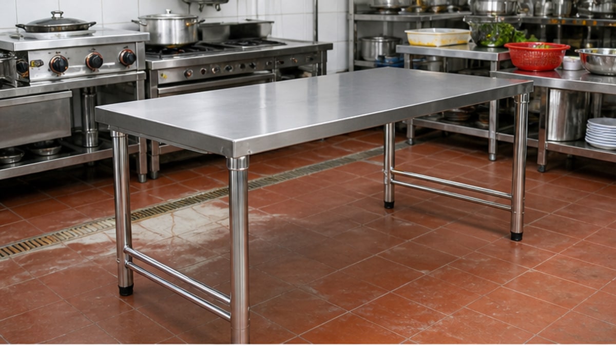 bàn nhôm inox trong khu bếp quán ăn sáng sạch