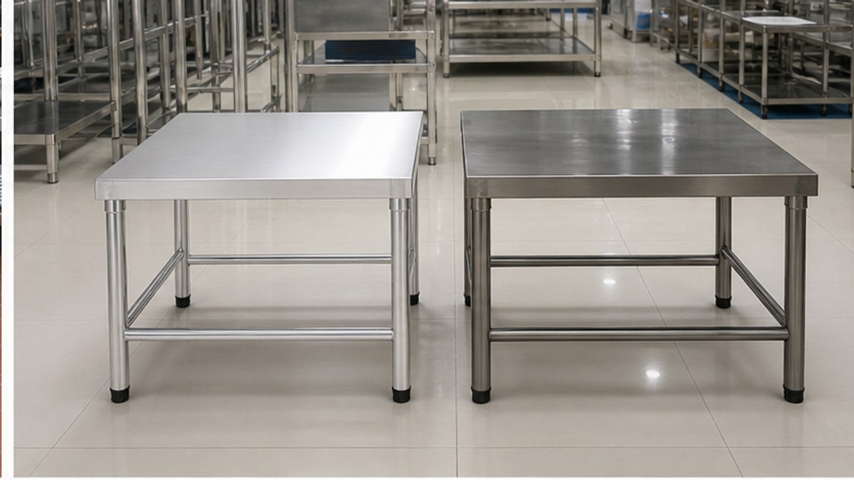 so sánh bàn nhôm inox và bàn inox trong showroom sạch
