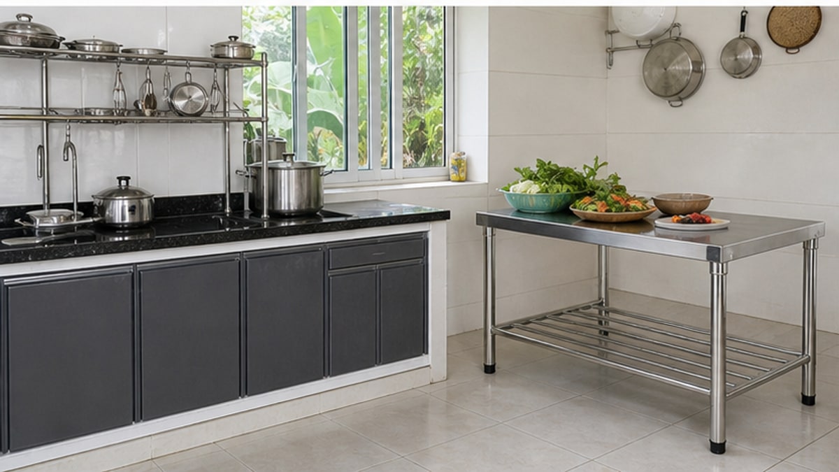 bàn nhôm inox và bàn bếp khung inox mặt đá trong khu bếp sạch