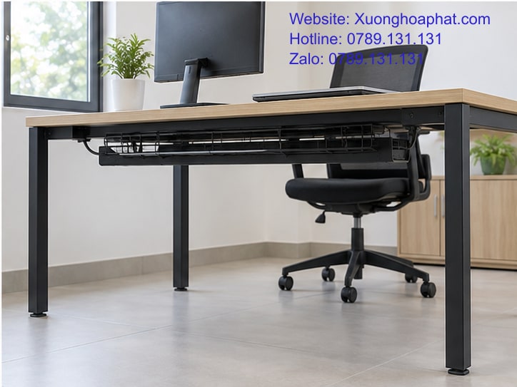 Bàn Sắt Hòa Phát Cho Văn Phòng Nhỏ: Chỗ Ngồi Và Đường Dây 5 Bàn sắt văn phòng với máng dây dưới mặt bàn.