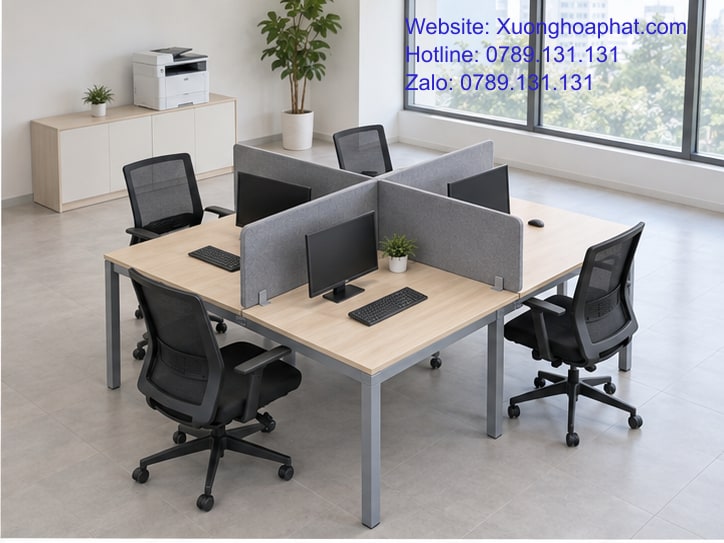 Bàn Sắt Liền Vách Ngăn Không Gian Mở: Giữ Nhịp Làm Việc 3 Lối đi bên cụm bàn sắt có vách ngăn và cửa sổ bên hông.