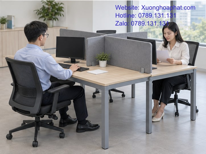 Bàn Sắt Liền Vách Ngăn Không Gian Mở: Giữ Nhịp Làm Việc 5 Nhân viên thử chỗ ngồi và tầm nhìn bên vách ngăn bàn làm việc.