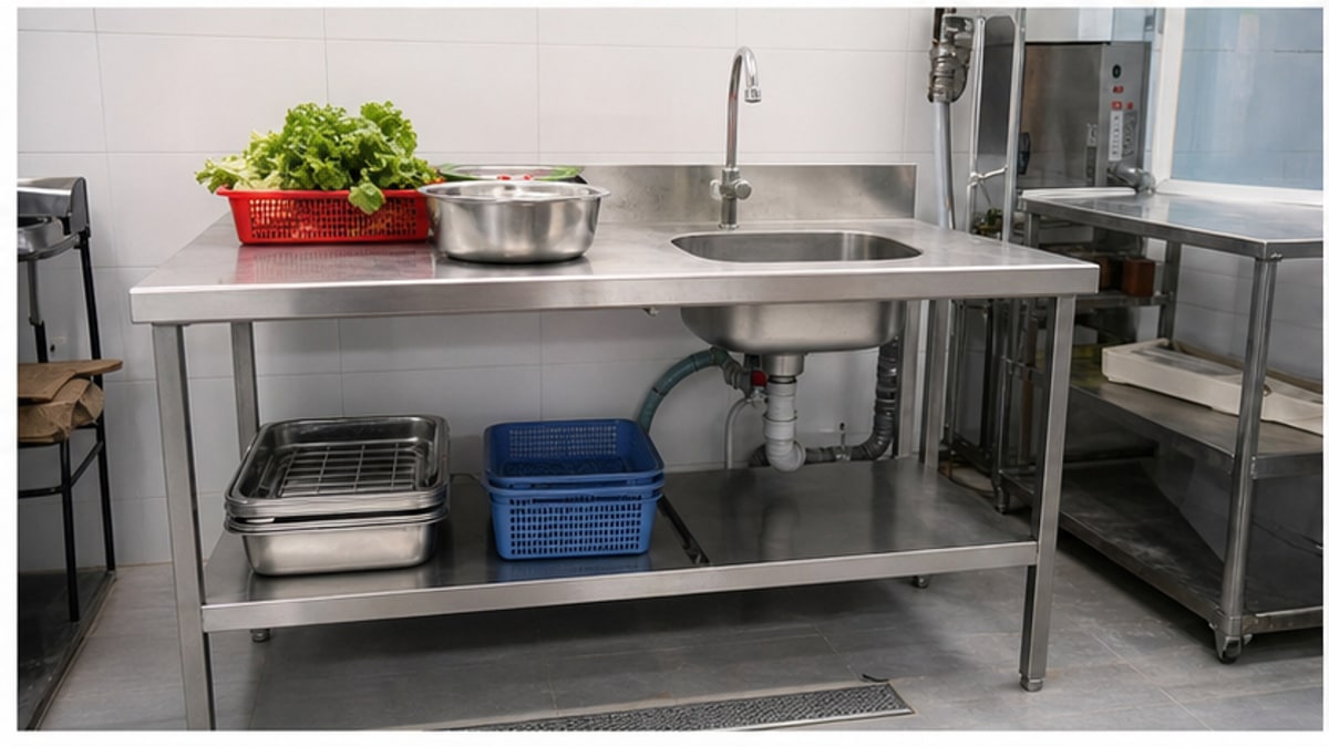 bàn sơ chế inox cạnh chậu rửa và kệ dưới