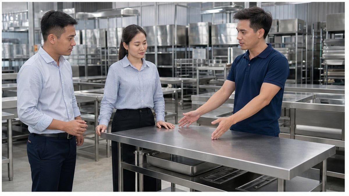 tư vấn chọn bàn sơ chế inox tại showroom
