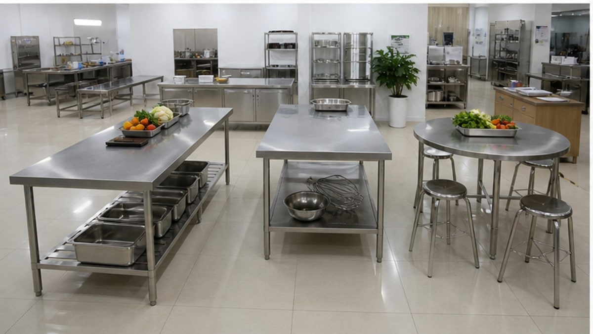 so sánh bàn inox 304 chữ nhật và bàn tròn inox trong không gian bếp