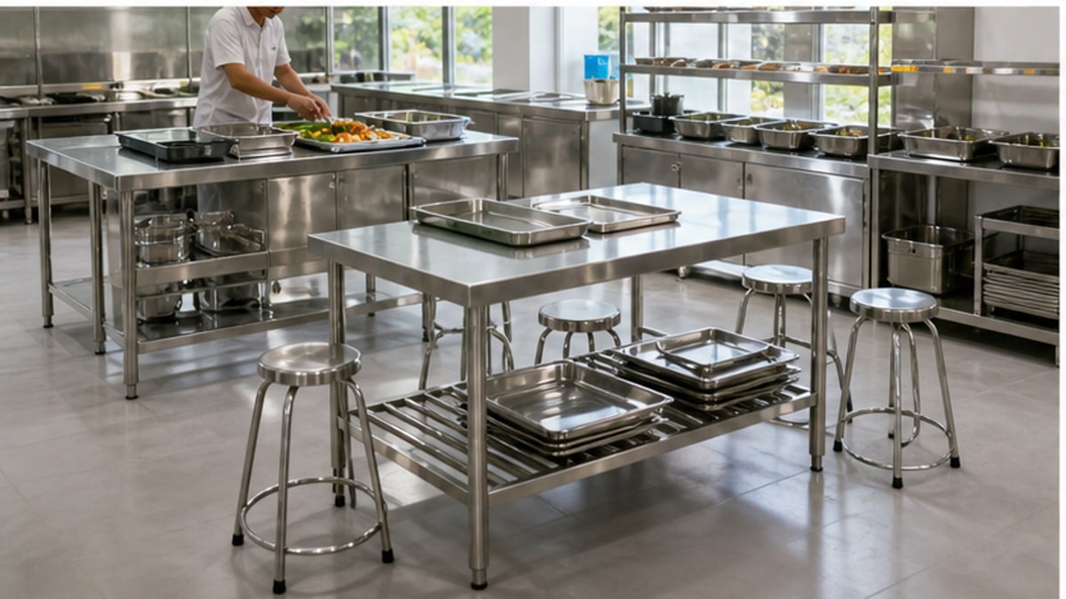 Bàn soạn inox phối với kệ và bàn ghế ăn inox