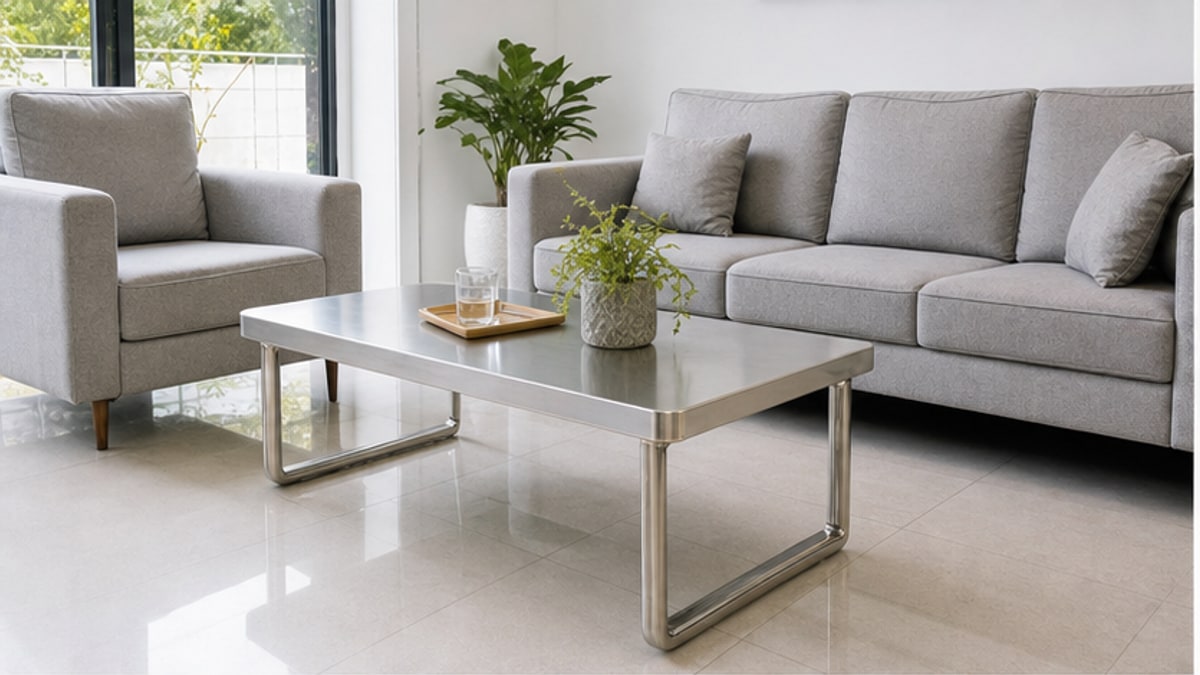 bàn sofa inox trong khu tiếp khách gọn sạch