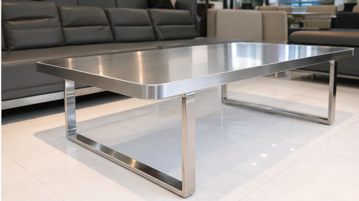 bàn sofa chân inox với khung chân gọn trong showroom