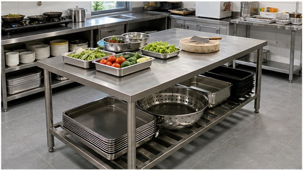 Bàn thao tác inox trong khu bếp quán ăn sạch sẽ