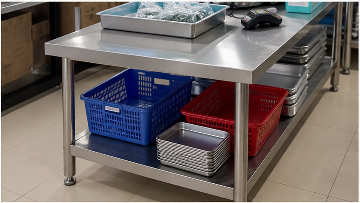 Bàn thao tác inox có kệ dưới trong xưởng đóng gói
