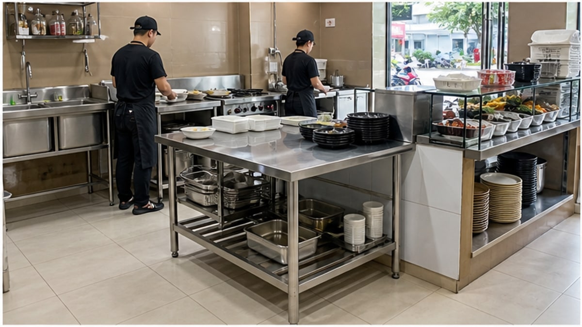 Bàn thao tác inox bố trí trong bếp canteen gọn gàng