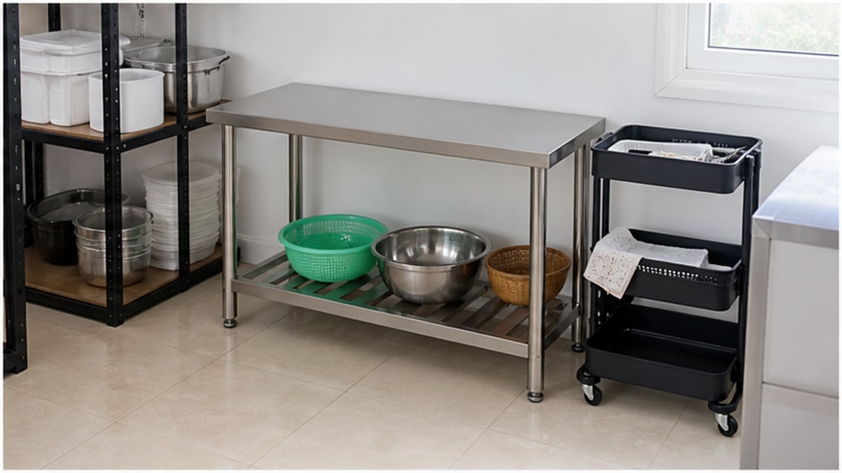 Bàn thao tác inox trong kho nhỏ có kệ lưu trữ