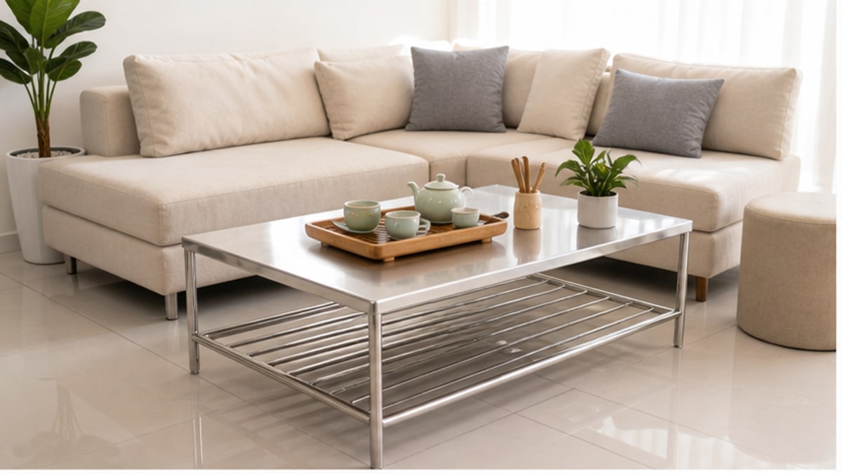 Bàn trà inox trong phòng khách gọn và sáng