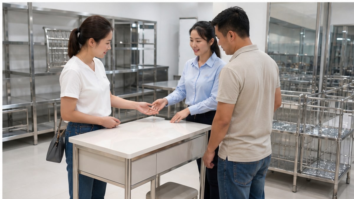 Tư vấn chọn bàn trang điểm chân inox tại showroom