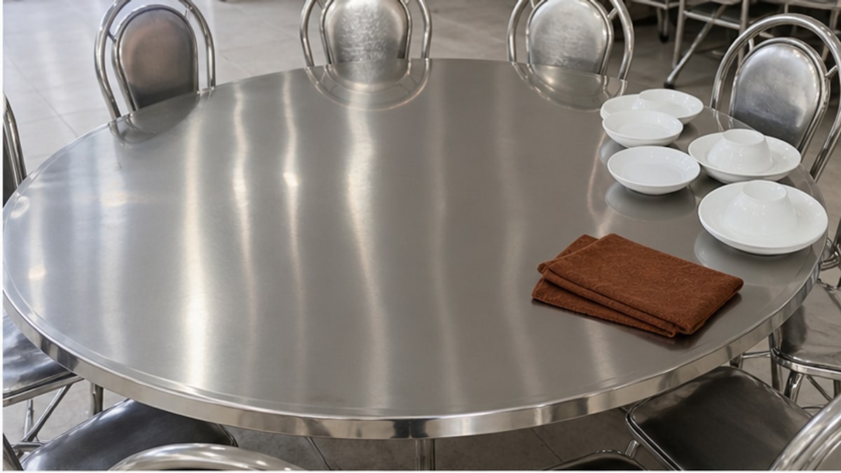 mặt bàn tròn inox 10 ghế dễ lau trong không gian ăn uống