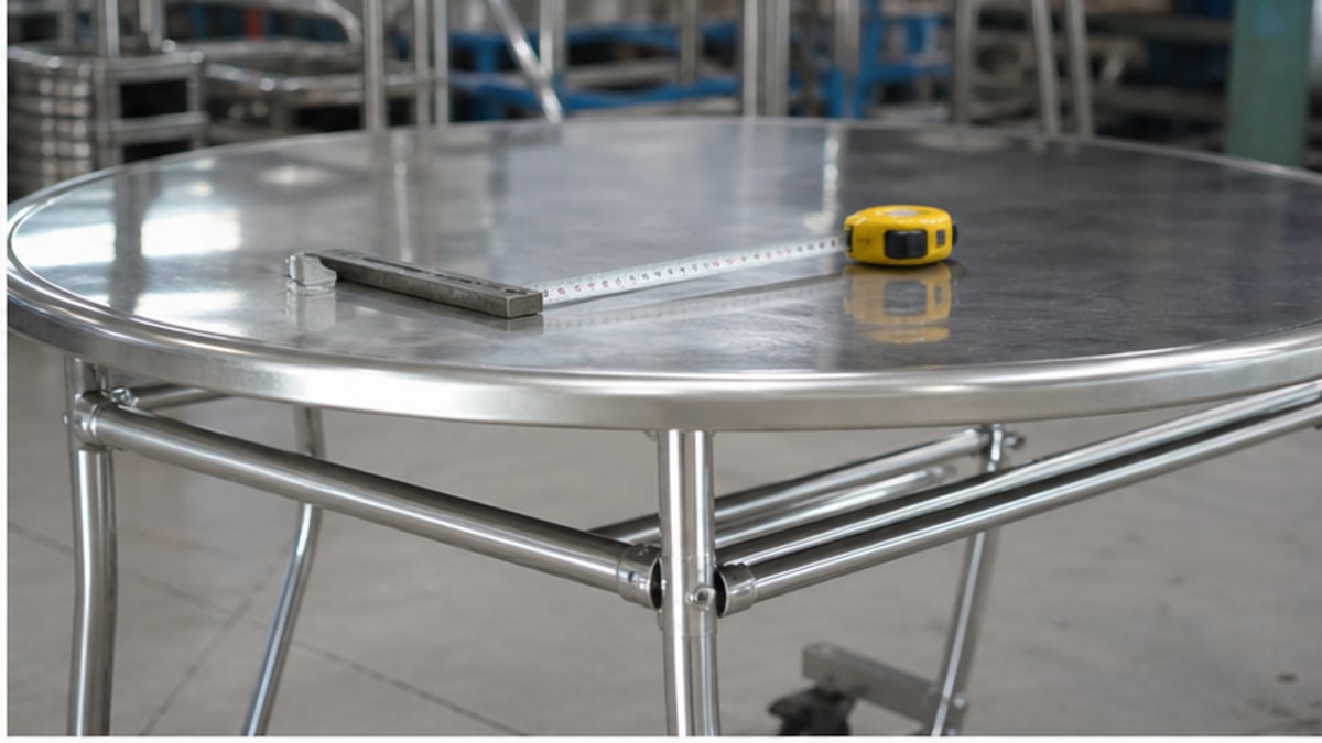Chi tiết mặt bàn tròn inox và khung chân chắc chắn