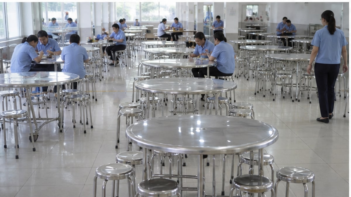 Bàn tròn inox trong căn tin gọn và dễ vệ sinh