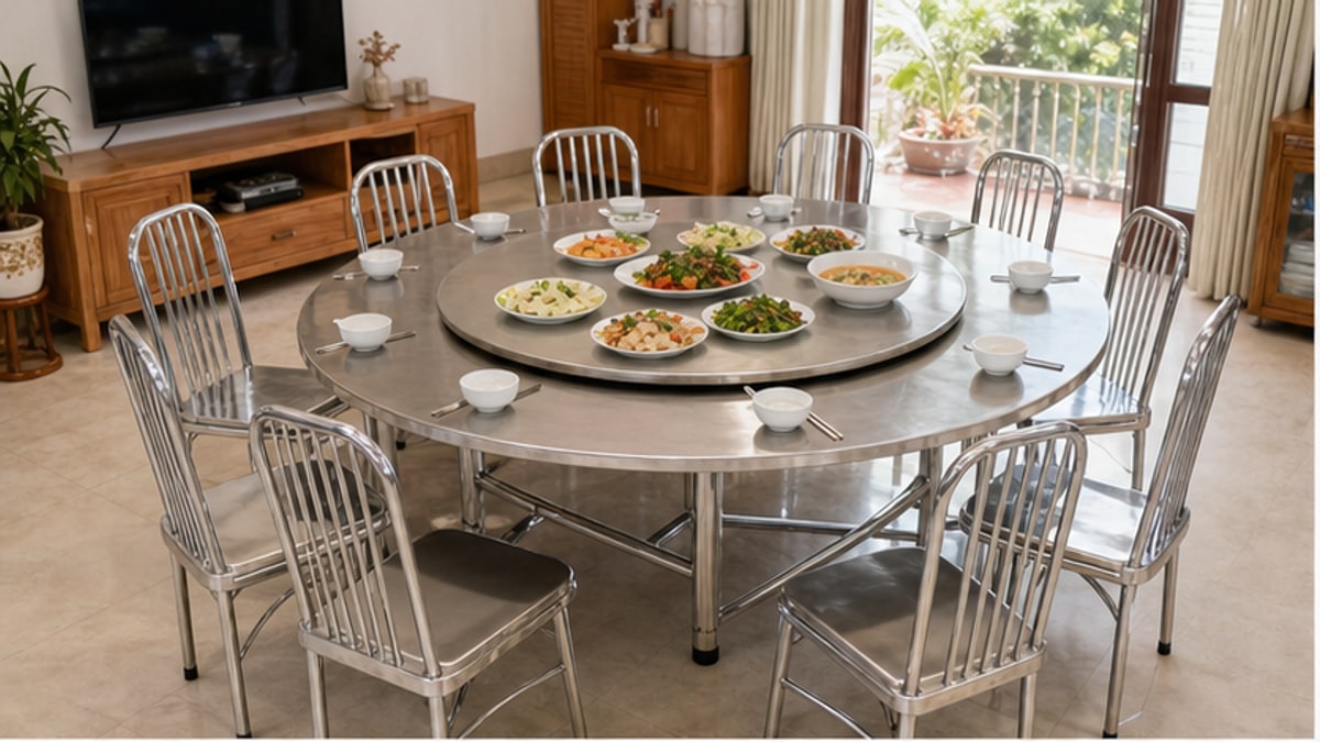 Bàn tròn xoay inox trong phòng ăn sáng sạch