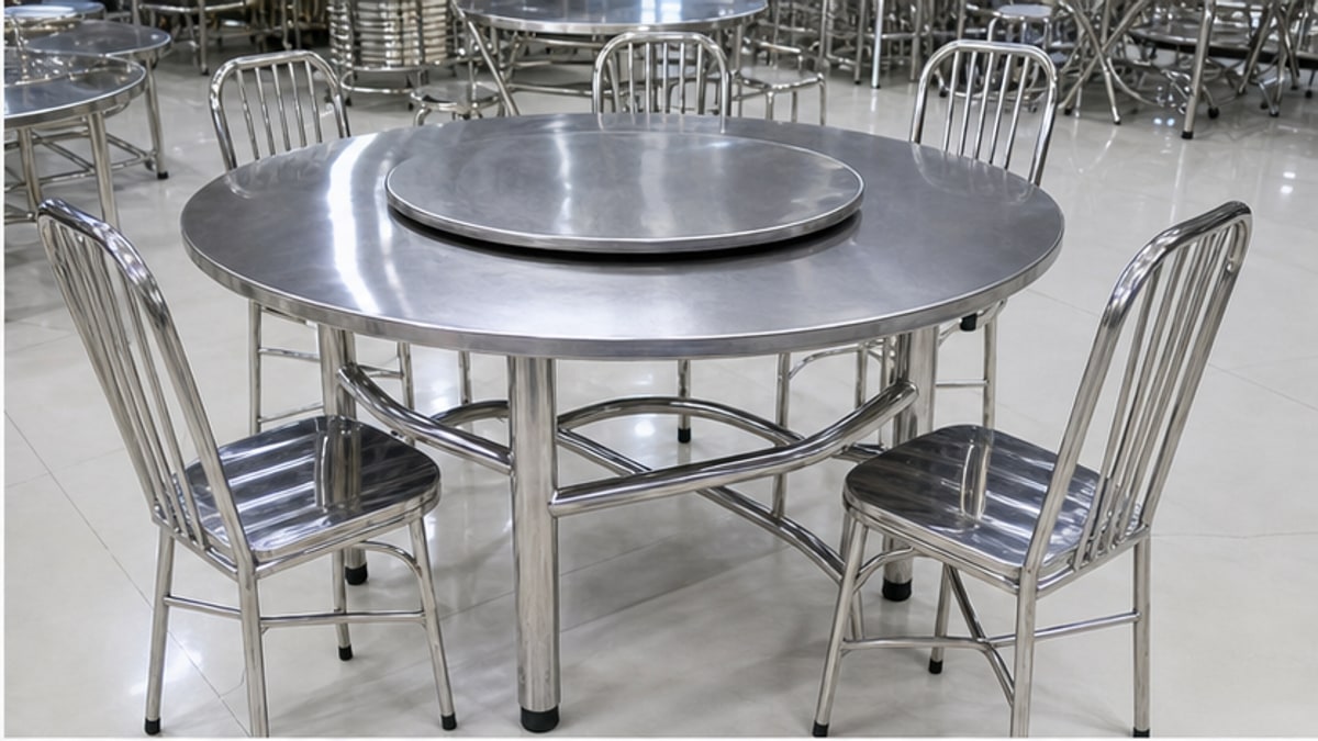 Cận cảnh bàn tròn xoay inox và chân inox