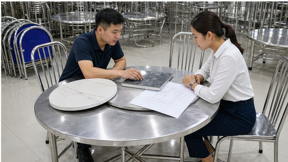 Tư vấn chọn bàn tròn xoay inox tại showroom inox