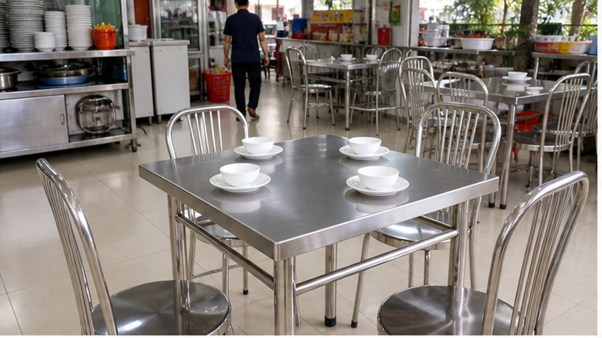 Bàn vuông inox 304 trong quán ăn nhỏ gọn sạch