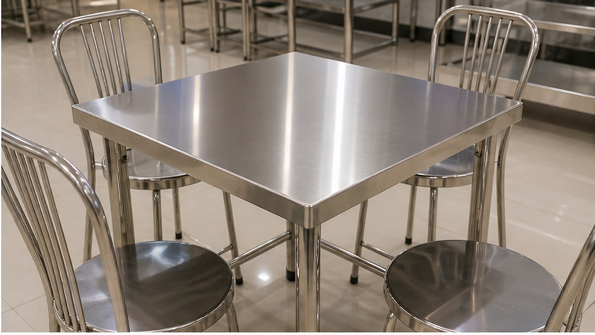 Cận cảnh mặt và khung bàn vuông inox 304
