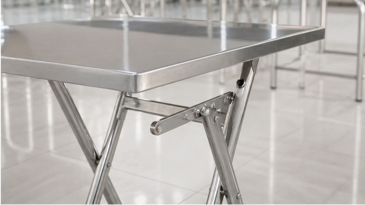 Cận cảnh khung chân và mặt bàn xếp inox chân sắt