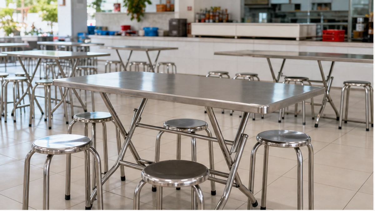 bàn xếp inox chữ nhật trong quán ăn sáng sạch