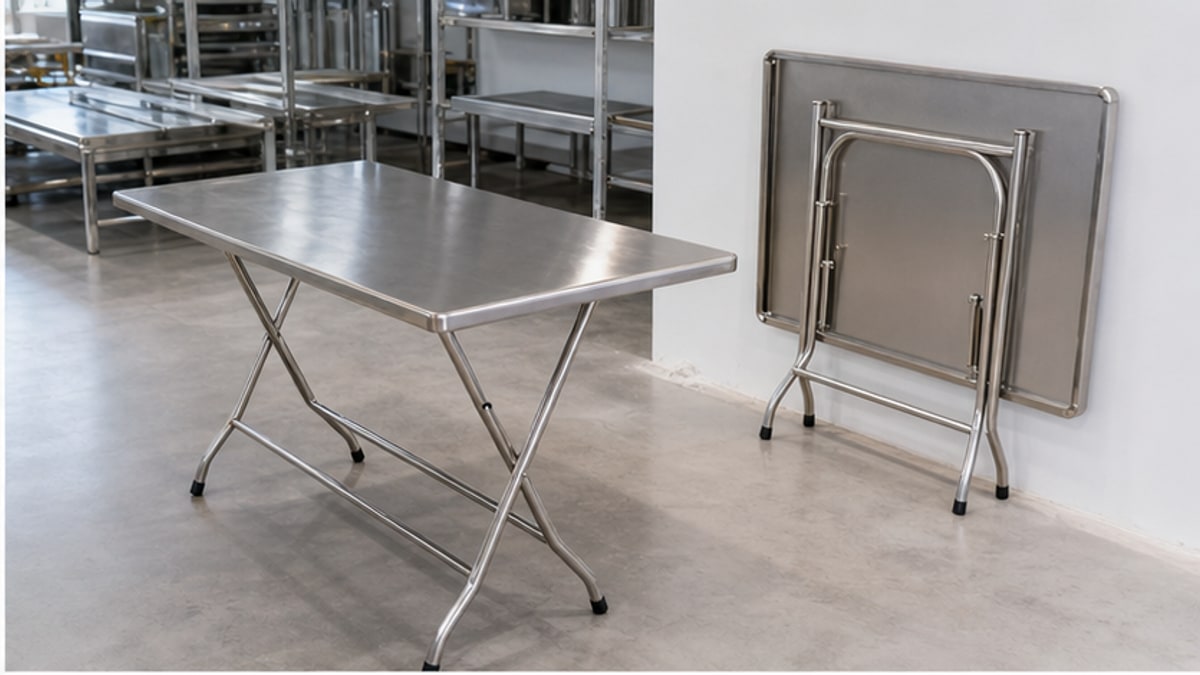 bàn xếp inox chữ nhật mở và gấp gọn trong showroom