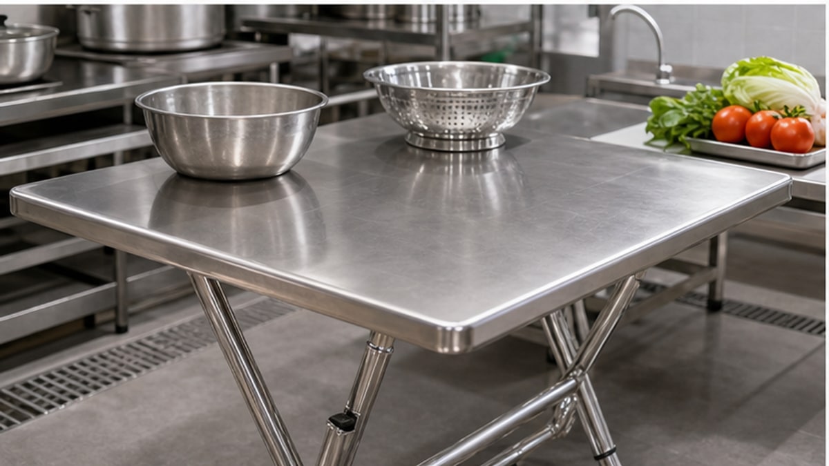 cận cảnh mặt bàn xếp inox chữ nhật dễ vệ sinh