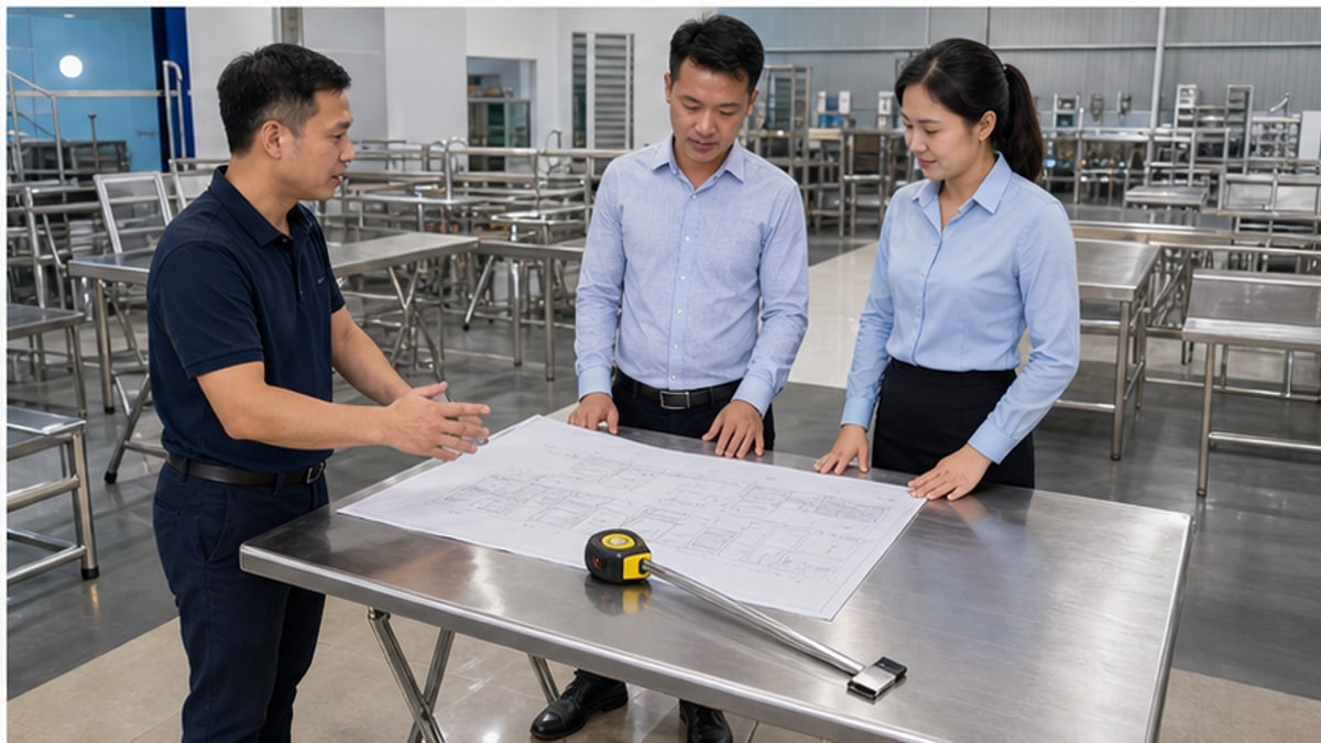 tư vấn chọn bàn xếp inox chữ nhật theo mặt bằng