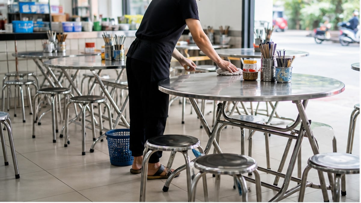 Bàn xếp inox cũ trong quán ăn gọn sạch
